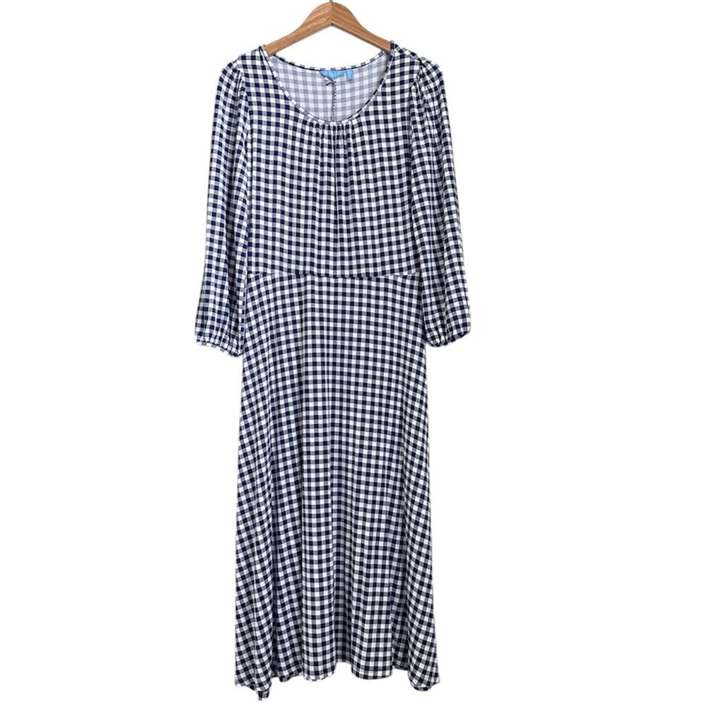 Draper James Women M Maxi Dress Navy White Gingham Cottagecore Stretch Preppy